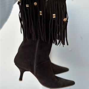 Suede Fringe Brown Pointed Toe Kitten Heel Boots